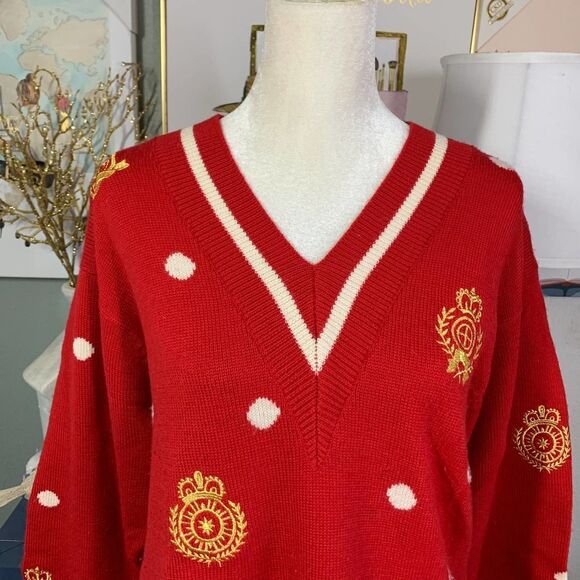 Vintage JH COLLECTIBLES red polka dot 100% wool sweater sz L - Picture 2 of 7